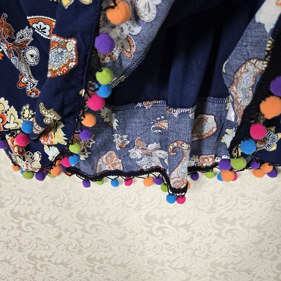 Entro Pom Pom Tunic Top sz L Blue Multicolor Paisley Floral Layered Boho Fairy - Picture 9 of 16